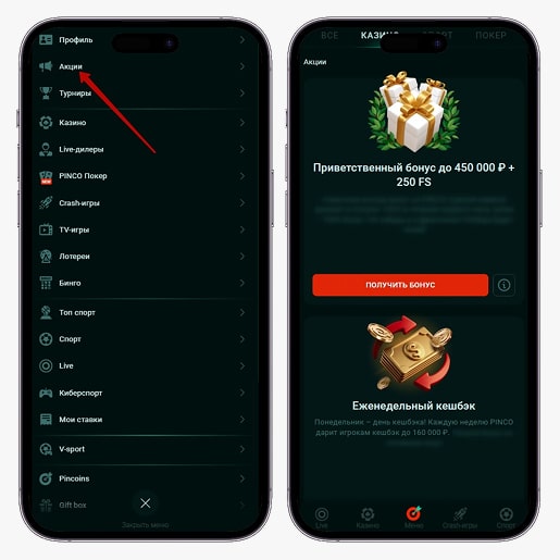 Вкладка с бонусами
